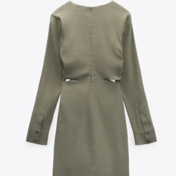 Zara Army Green Linen Blend Dress with Cutouts - Picture 5 of 7